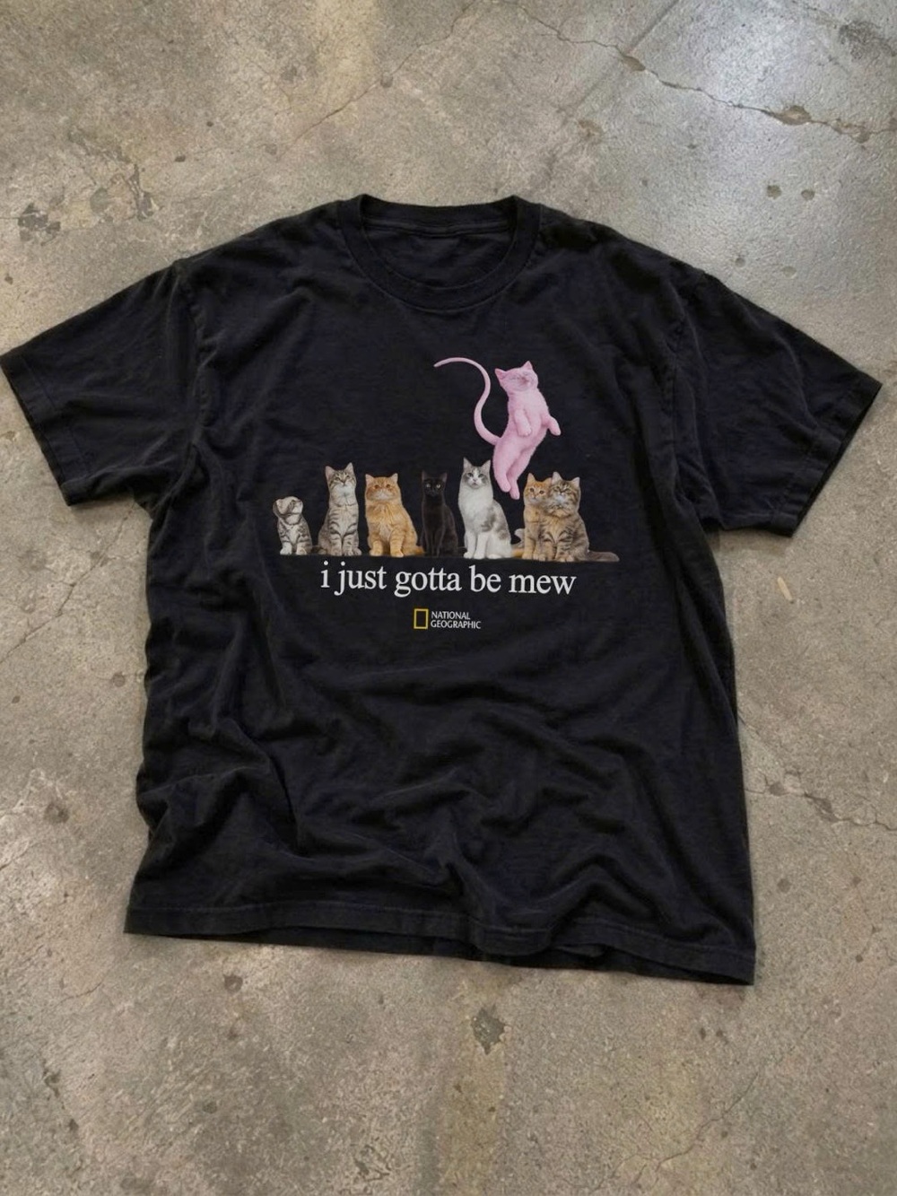 National Geographic Black Tee with Pink Jumping Cat Graphic